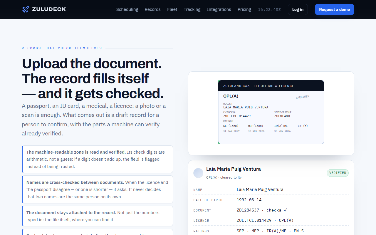 zuludeck.com — from the scanned licence to the verified record.